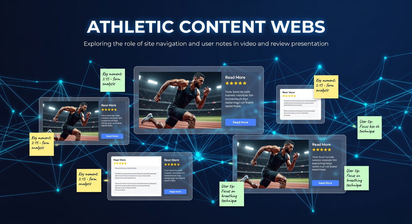 Screenshot of an athletic website interface highlighting navigation menus and embedded user notes next to sports video players and review sections