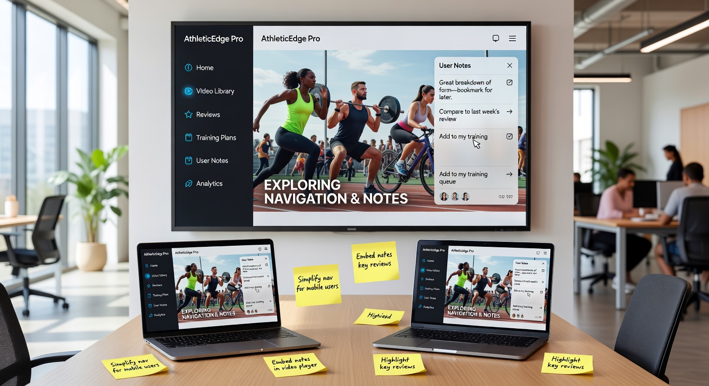 Illustration of interconnected athletic content pathways showing user notes layered over video timelines and review navigation trees