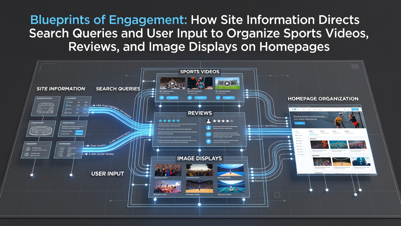 Sports platform homepage layout showing organized video thumbnails, review sections, and image galleries driven by search data