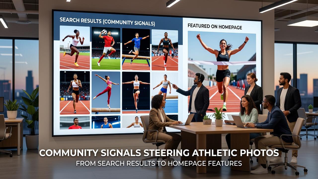 Sports platform interface showing athletic photos elevated to homepage based on search and comment data