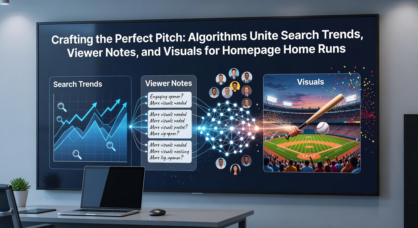 Digital visualization of interconnected algorithms analyzing search data streams, viewer comment clouds, and vibrant sports visuals converging toward a glowing homepage display