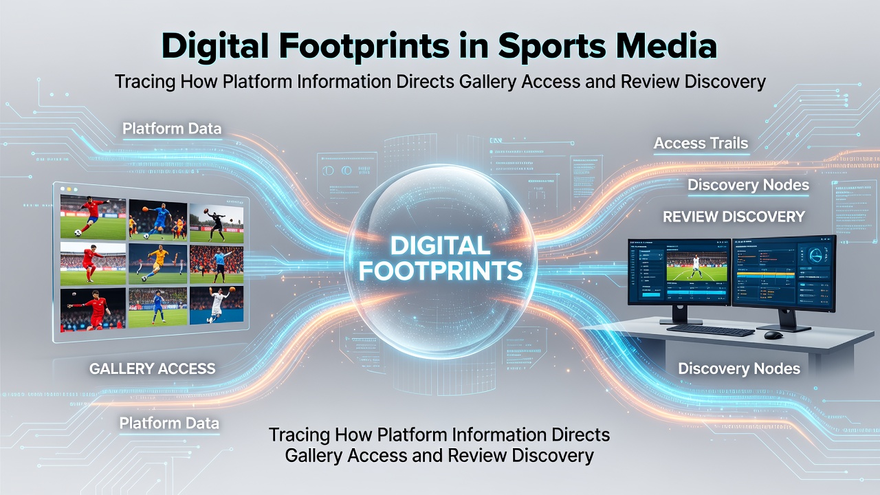Digital footprints visualized through user navigation paths on a sports media platform showing connections between searches and content galleries