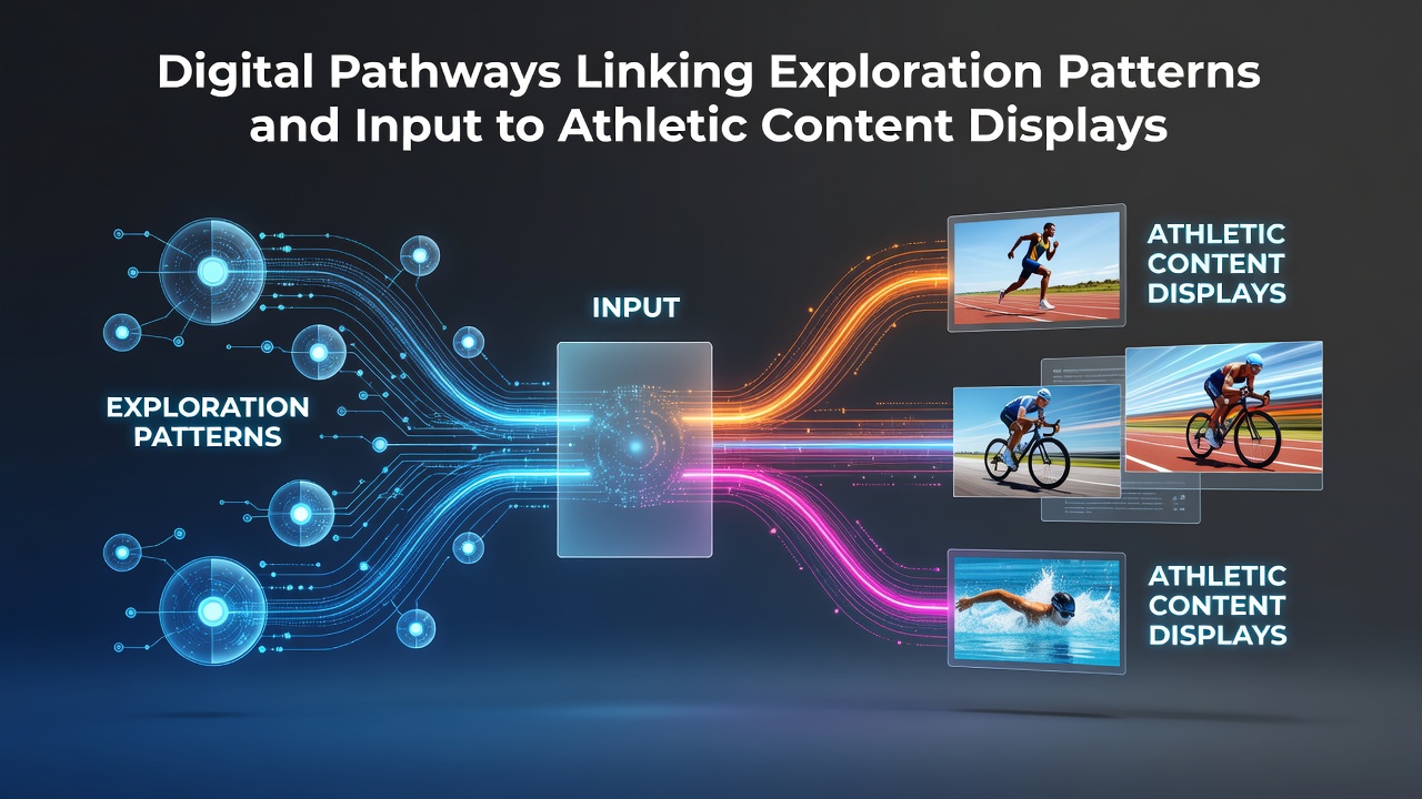 Diagram showing user search trails and comment inputs flowing into athletic content display algorithms on sports platforms