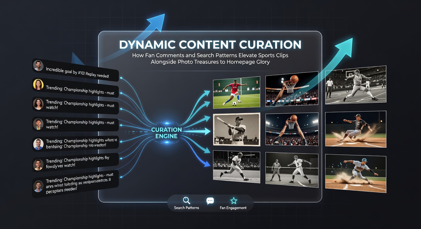 Vibrant sports clip thumbnail surrounded by fan comments and search icons, illustrating dynamic elevation to homepage prominence