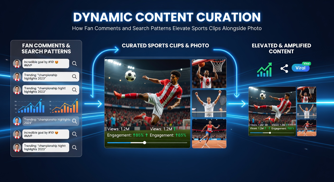 Dynamic flowchart showing fan comments, searches flowing into algorithm elevating sports clips and photos to homepage