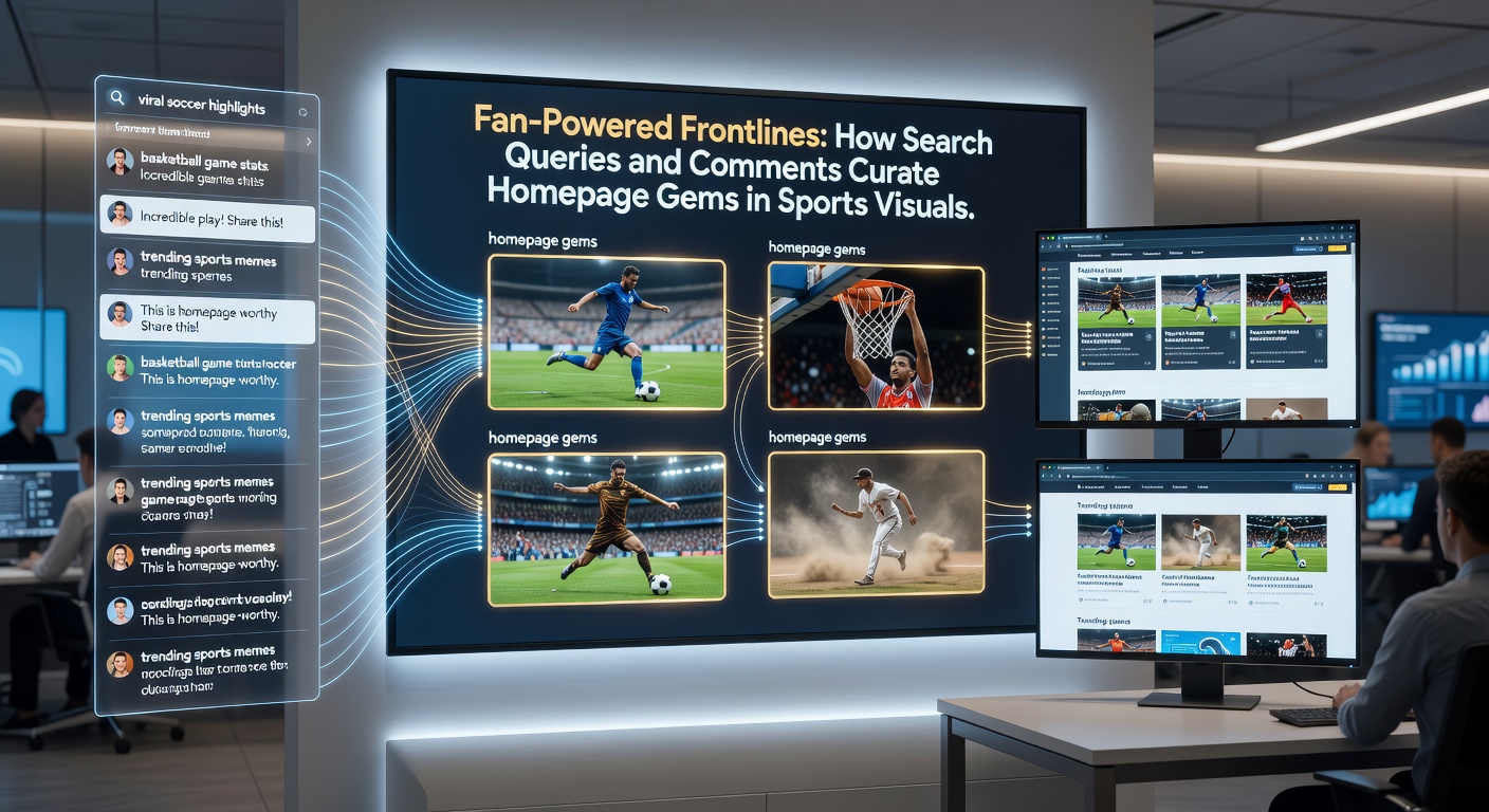 Dynamic sports homepage featuring fan-curated visuals of iconic moments, with search bar and comment threads highlighted
