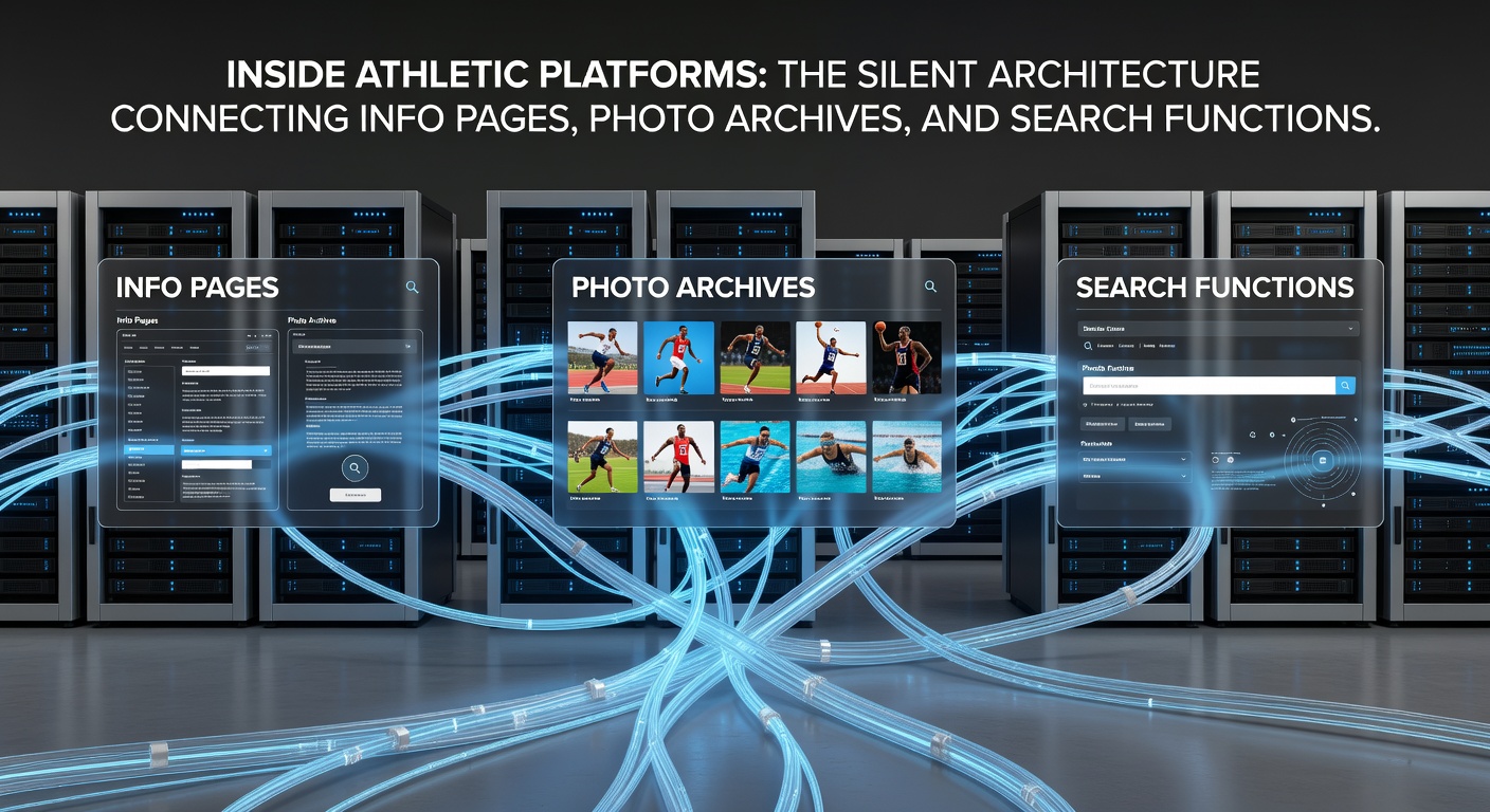 Diagram illustrating the interconnected backend layers of an athletic platform where info pages link directly to photo archives through integrated search mechanisms