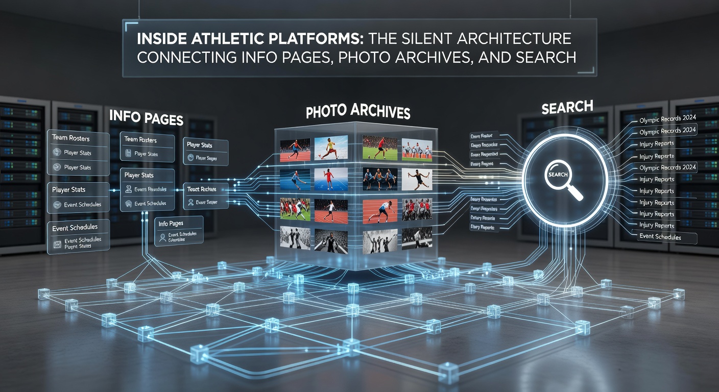 Screenshot of an athletic platform interface demonstrating search results that pull info pages and photo archives into a single cohesive display