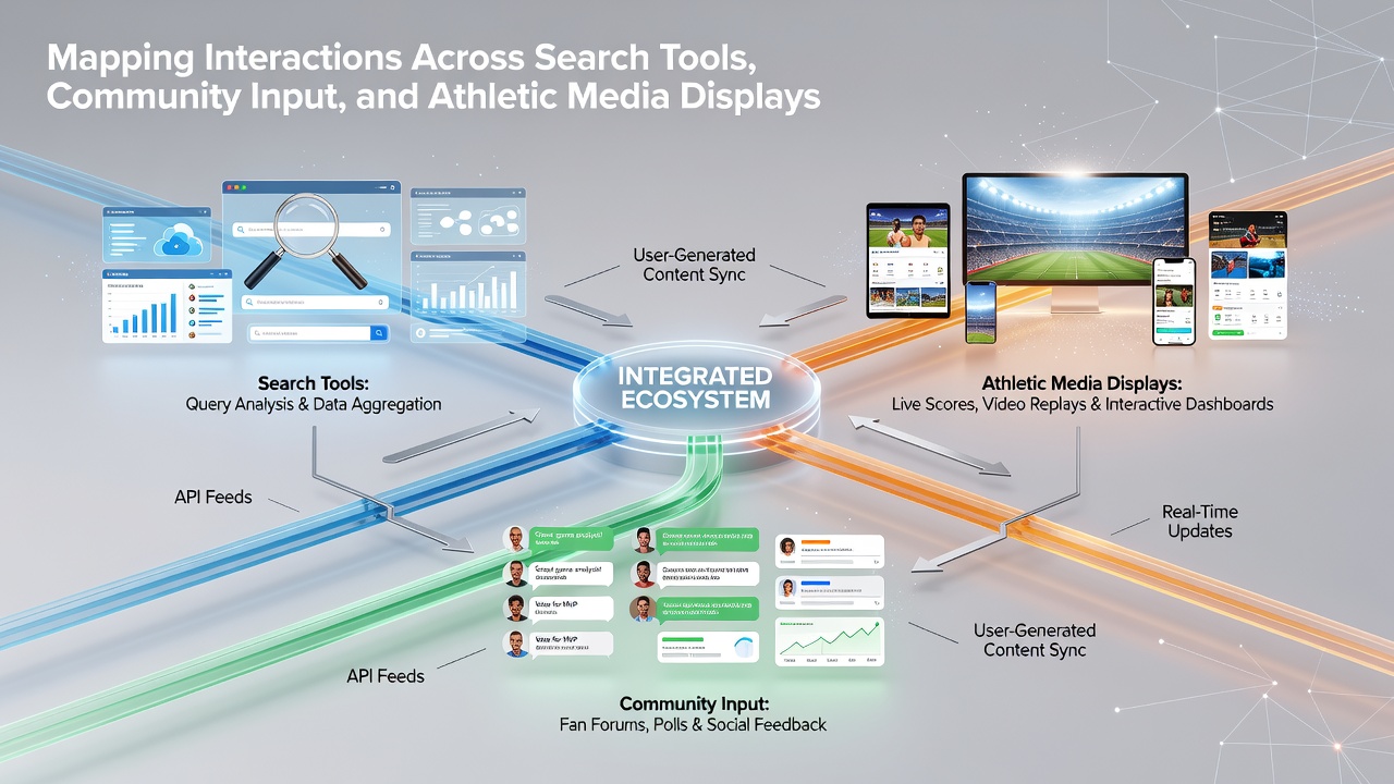 Diagram illustrating connections between search functions, user comments, and sports media displays on an athletic content platform