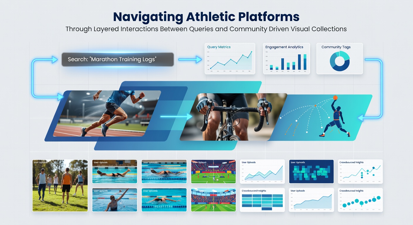 Athletic platform dashboard displaying layered query results alongside community-uploaded sports visuals and navigation menus