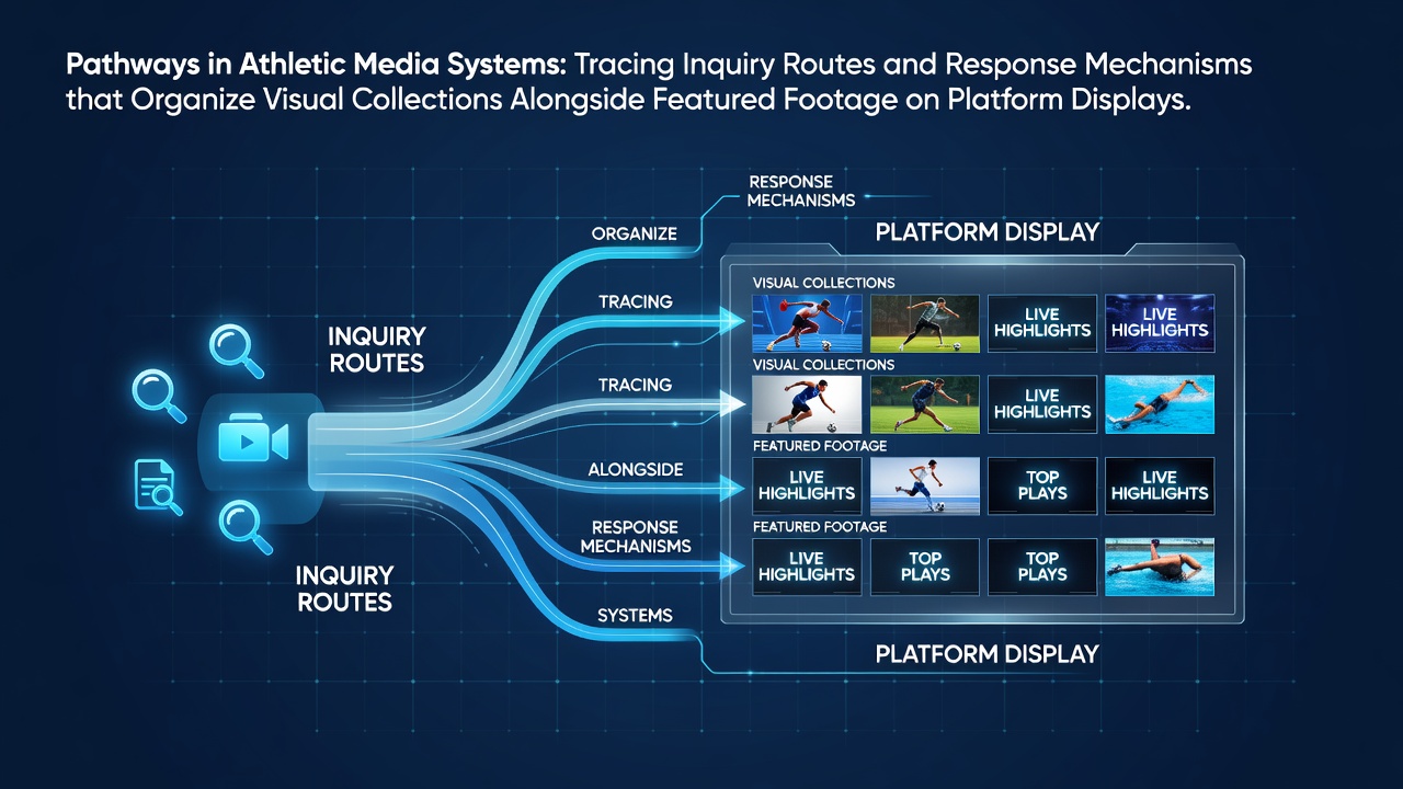 Diagram showing search query pathways leading to organized sports visuals and featured footage on athletic media platforms