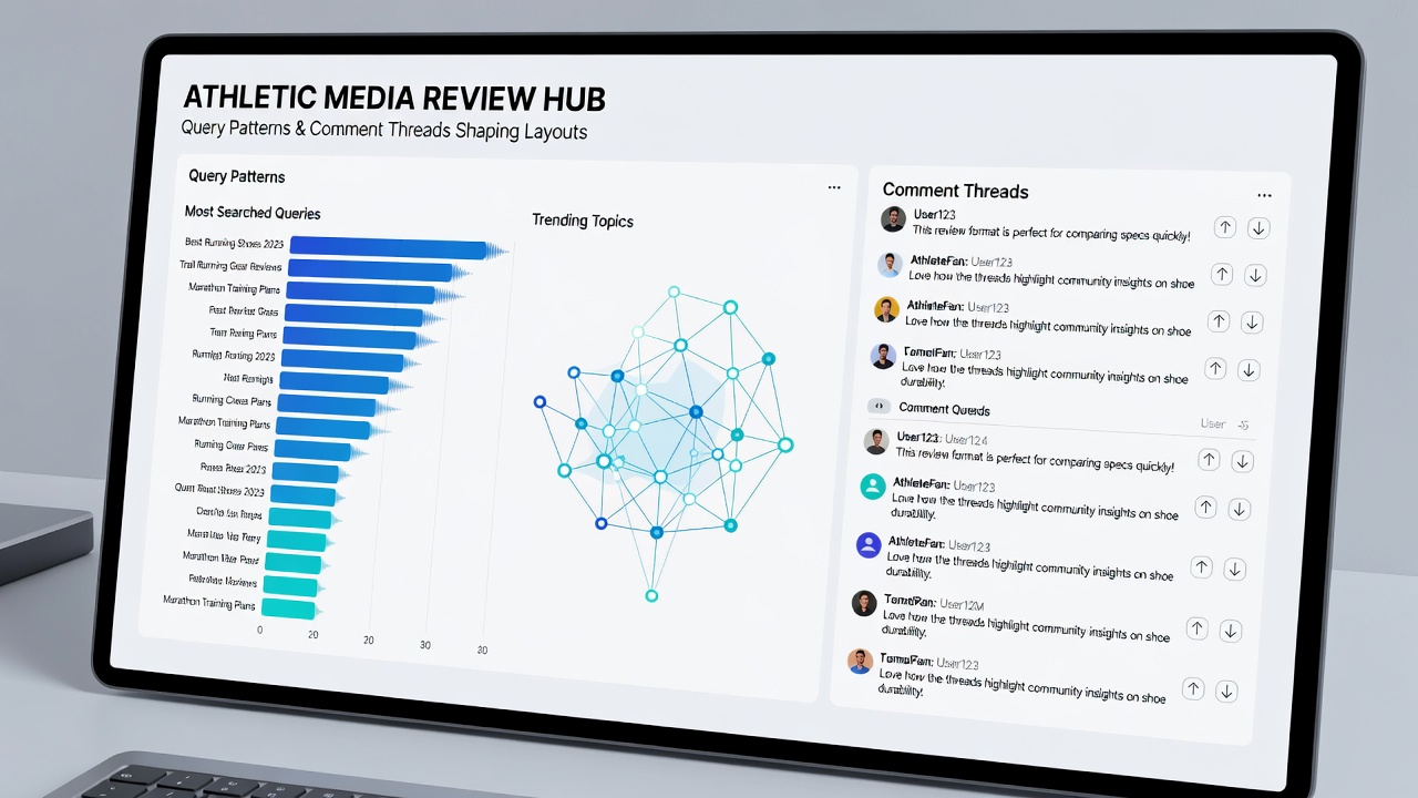 Illustration of comment threads and community input shaping athletic video and photo presentation