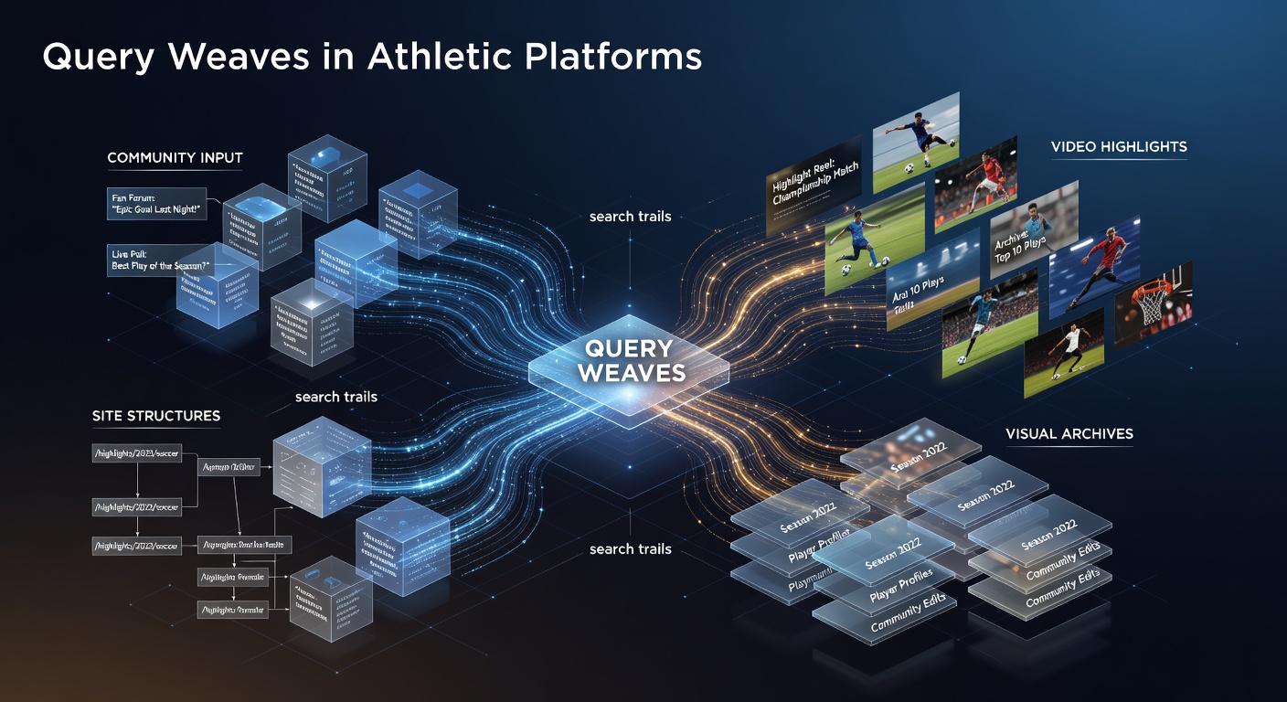 Athletic platform interface displaying interconnected search trails leading to curated sports video highlights and visual archives