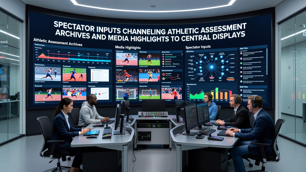 Central display layout showing channeled athletic archives and highlights selected via spectator inputs