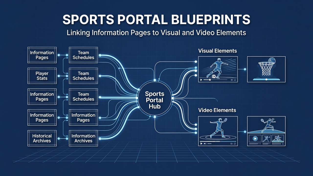 Sports portal interface displaying connections between text-based reviews and associated visual galleries with video thumbnails
