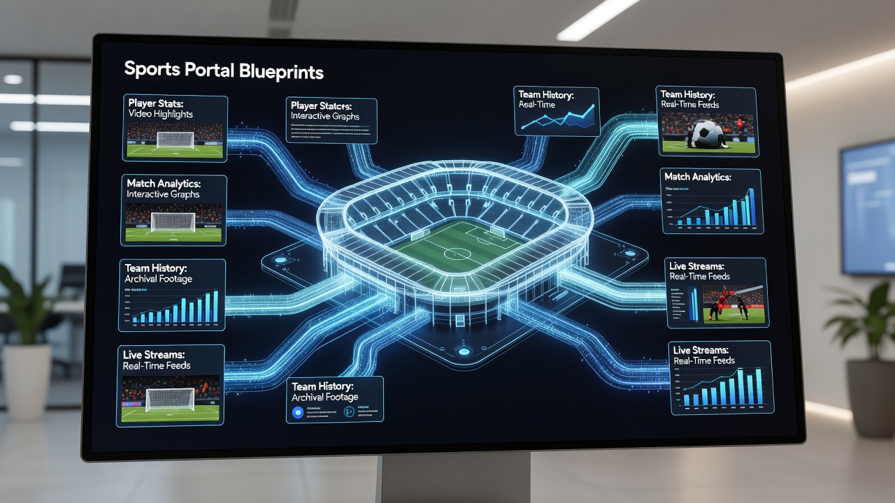 Detailed view of a sports content management system with metadata links between articles, photos, and video files