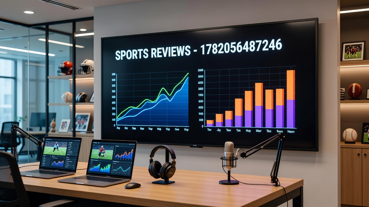 Sports analysts reviewing footage on multiple screens with data dashboards