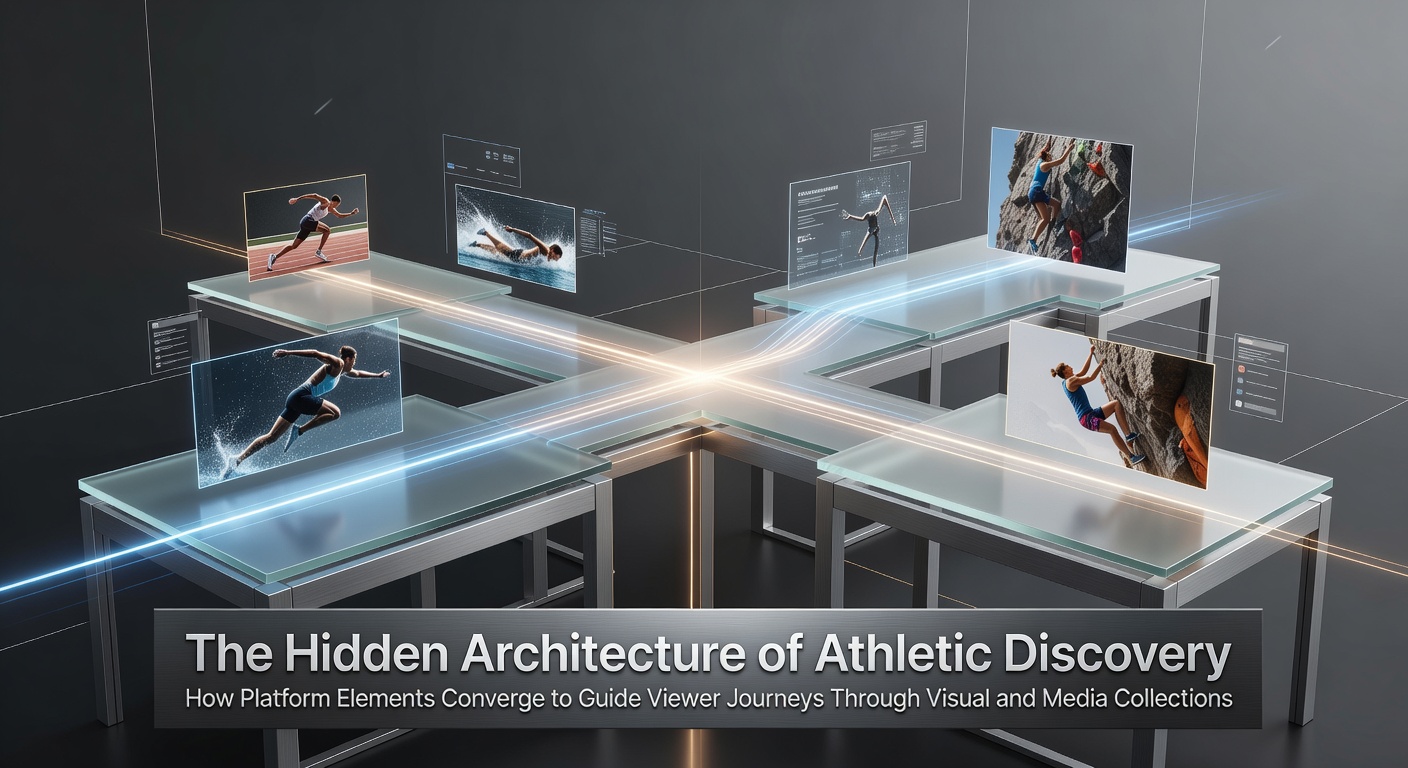 Athletic platform homepage displaying interconnected navigation menus, search bars, and thumbnail grids of sports videos alongside photo archives