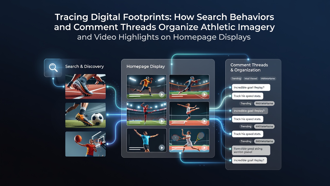 Visualization of search query trails mapping athletic imagery and video placement on sports homepage displays