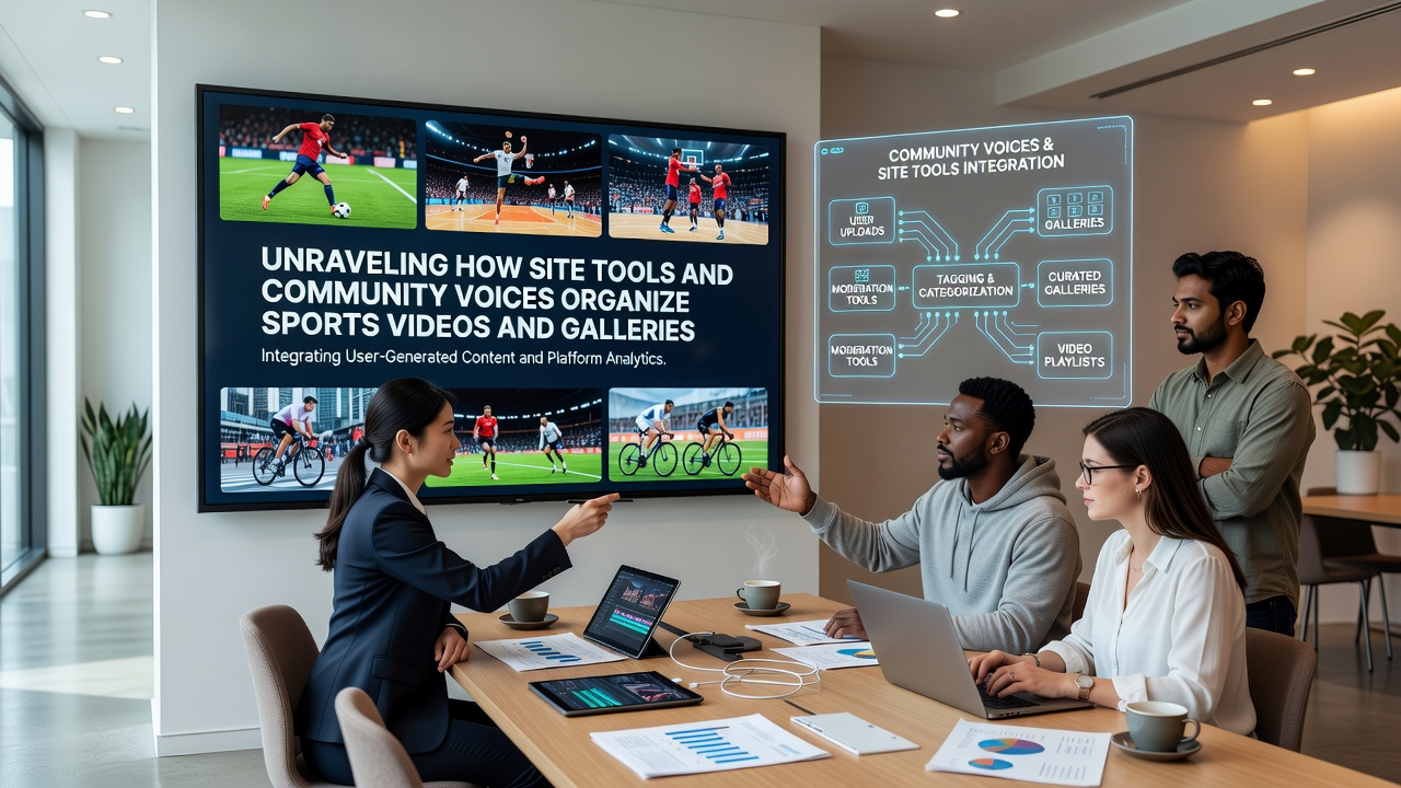 Community comments and search analytics displayed alongside organized sports video playlists and photo galleries on a platform dashboard