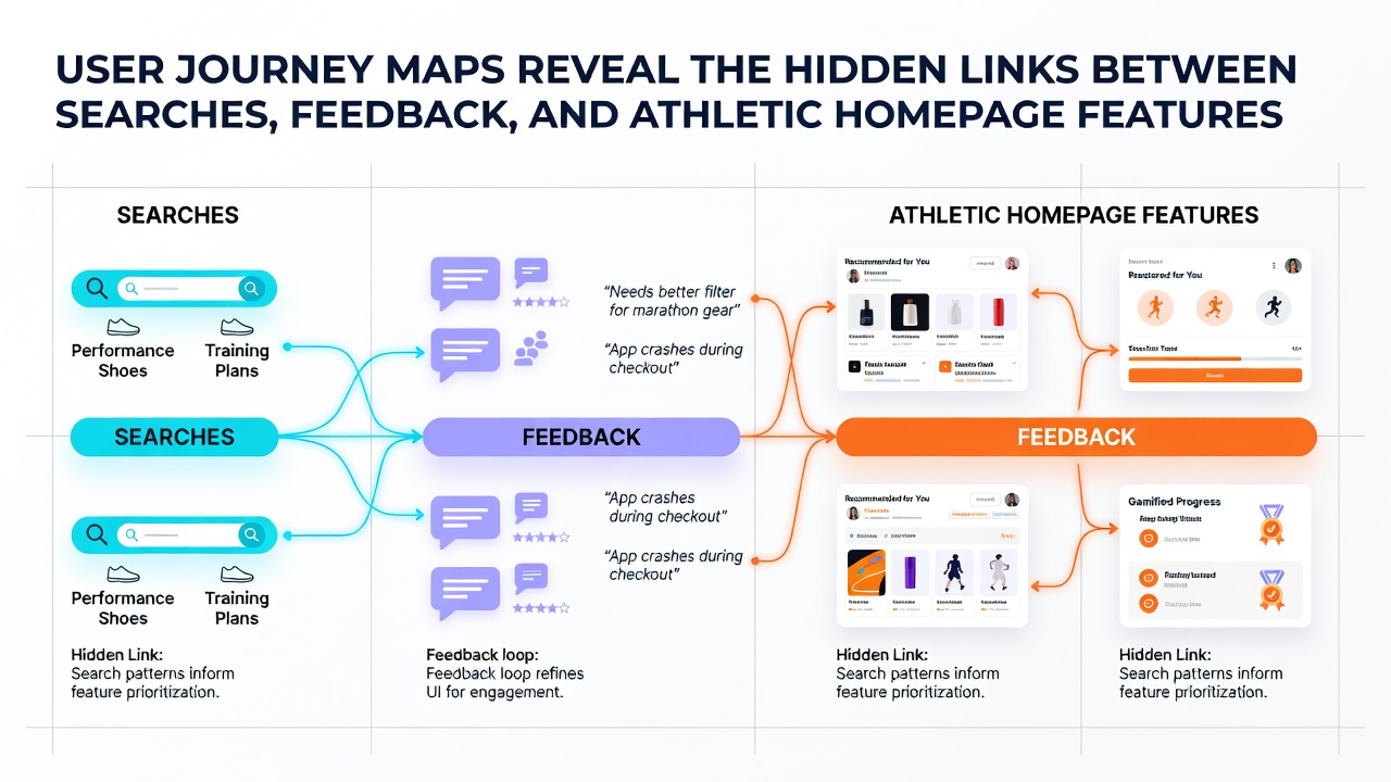 User journey map diagram showing connections between searches, feedback, and athletic homepage features on a sports review platform