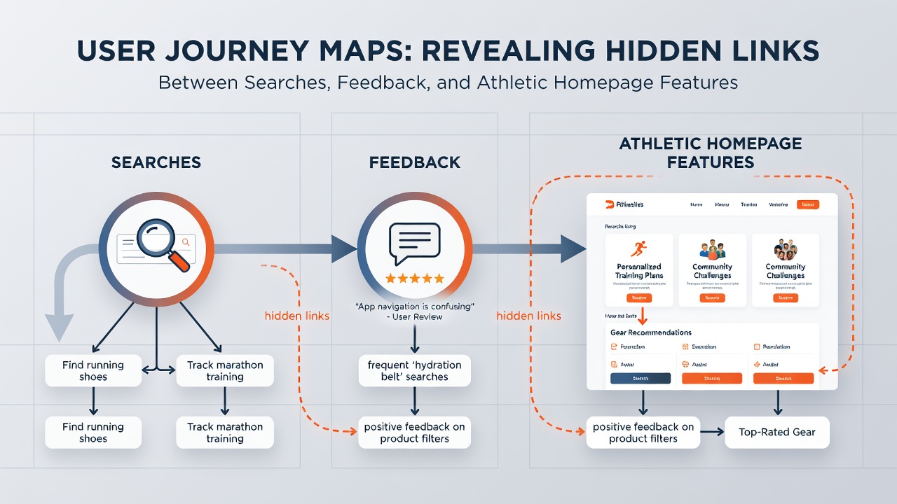 Detailed flowchart illustrating how user feedback and search data shape athletic homepage layouts