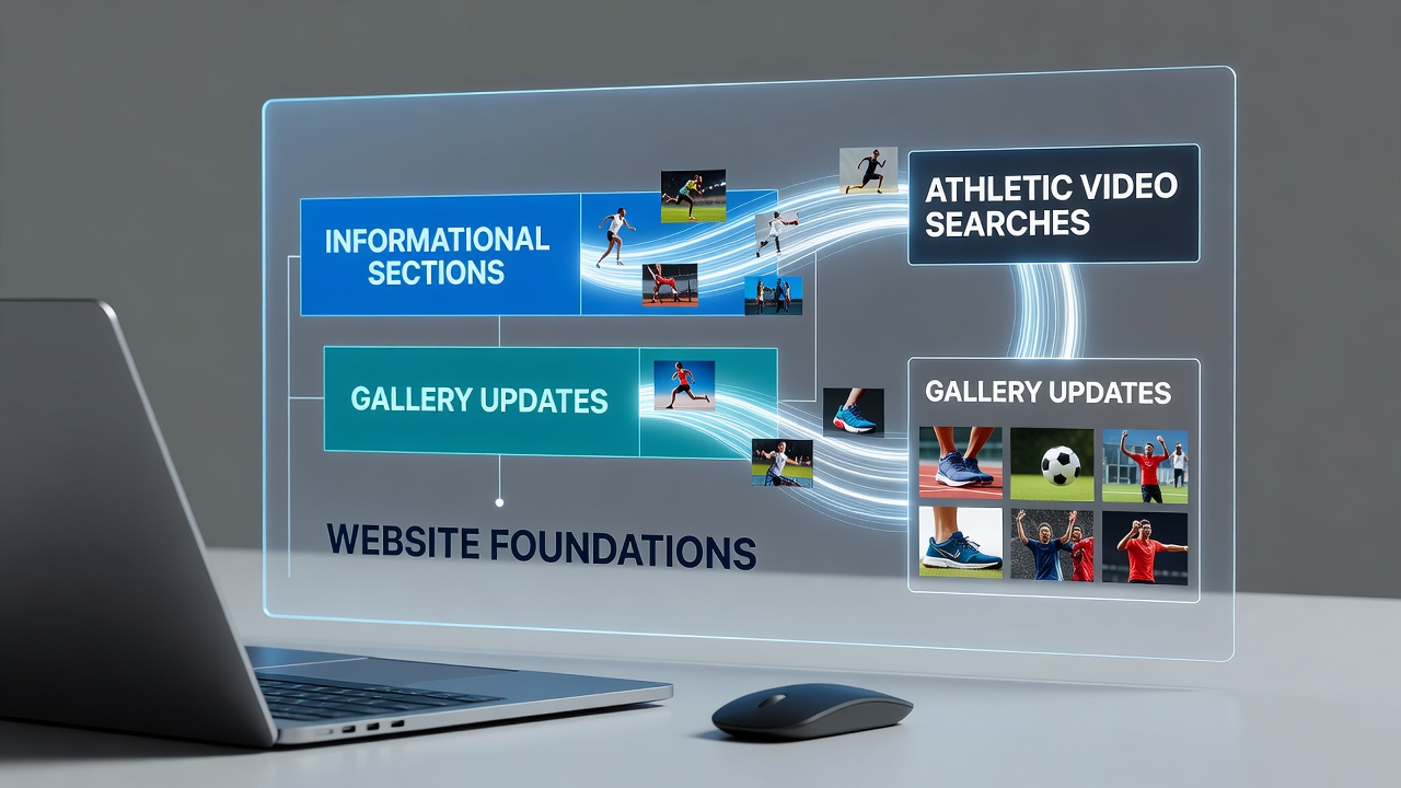 Athletic website interface showing informational navigation panels alongside video search results and gallery thumbnails