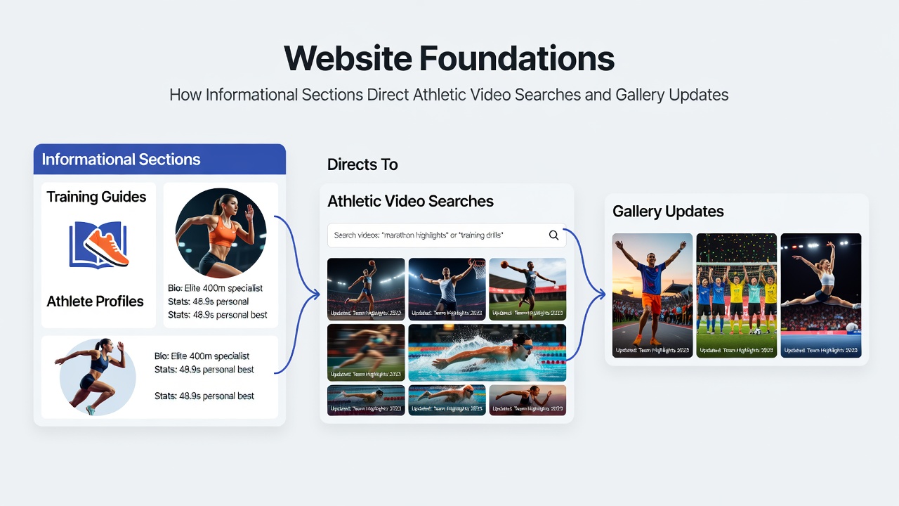 Close-up view of website informational panel explaining search filters next to updated sports video thumbnails adn photo gallery entries
